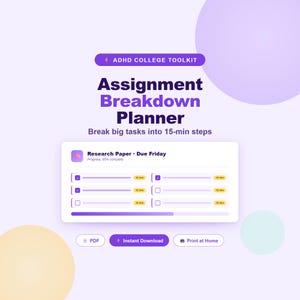 Pianificatore di suddivisione dei compiti per studenti con ADHD / Organizzatore di compiti per studenti universitari / Attività suddivise in blocchi da 15 minuti / Download immediato in PDF