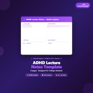 ADHS Notizen Vorlage | Druckbare Notiz für College-Studenten | Cornell Brain Dump Visuelle Notizen | Sofort Download PDF