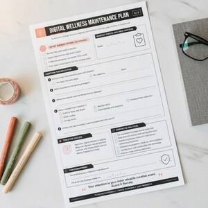 Może przedstawiać: Biała kartka papieru z tytułem Digital Wellness Maintenance Plan, czarnym tekstem, polami wyboru oraz sekcjami do refleksji, praktyk wspierających i zobowiązań. Dokument zawiera miejsce na comiesięczne podsumowanie oraz cytat o zasobach twórczych.