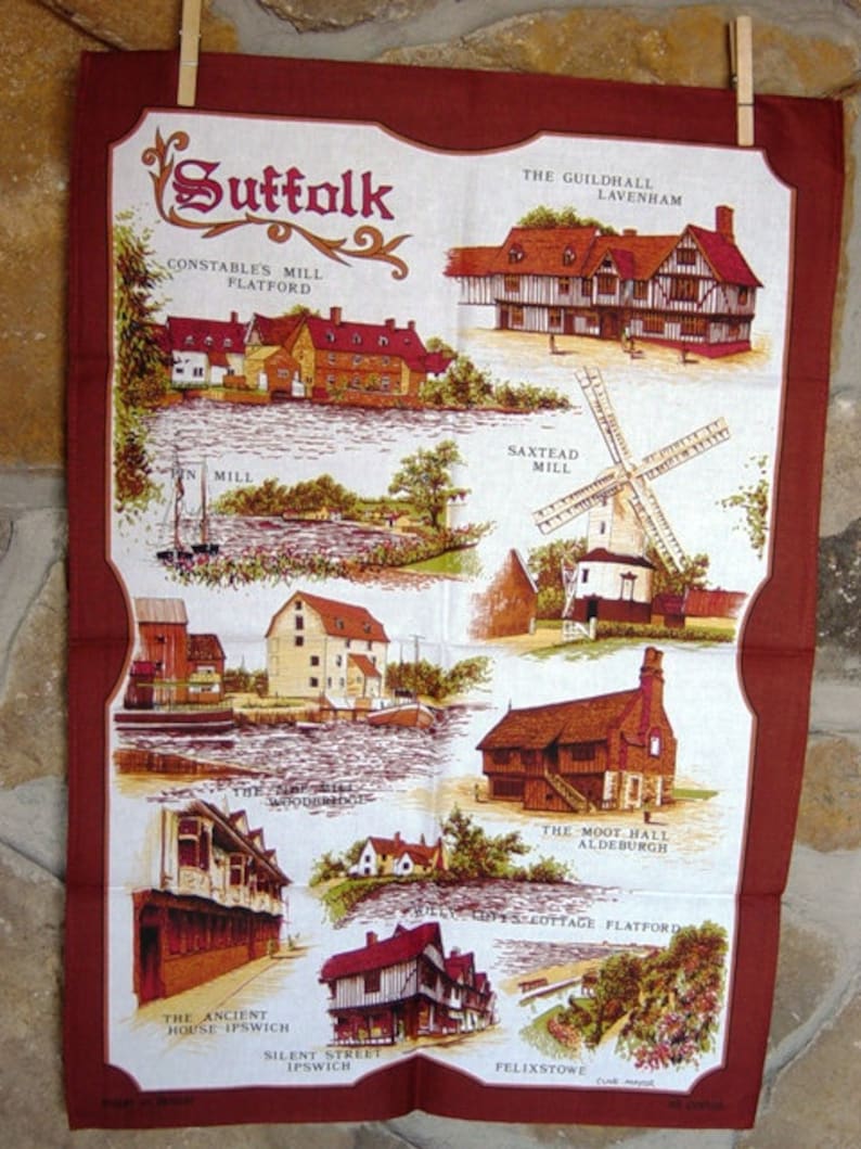 Sufflok Historical Sites, Mills, and Buildings, Cotton TeaTowel, Made in Britain, Architectural, Historical, Mint, designed by Clive Mayor image 1