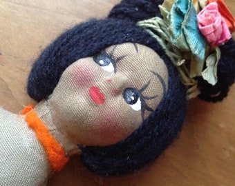 South American Doll, Hand Painted Face, Leather sandals, Shawl, Colorful Yarn and Embroidery