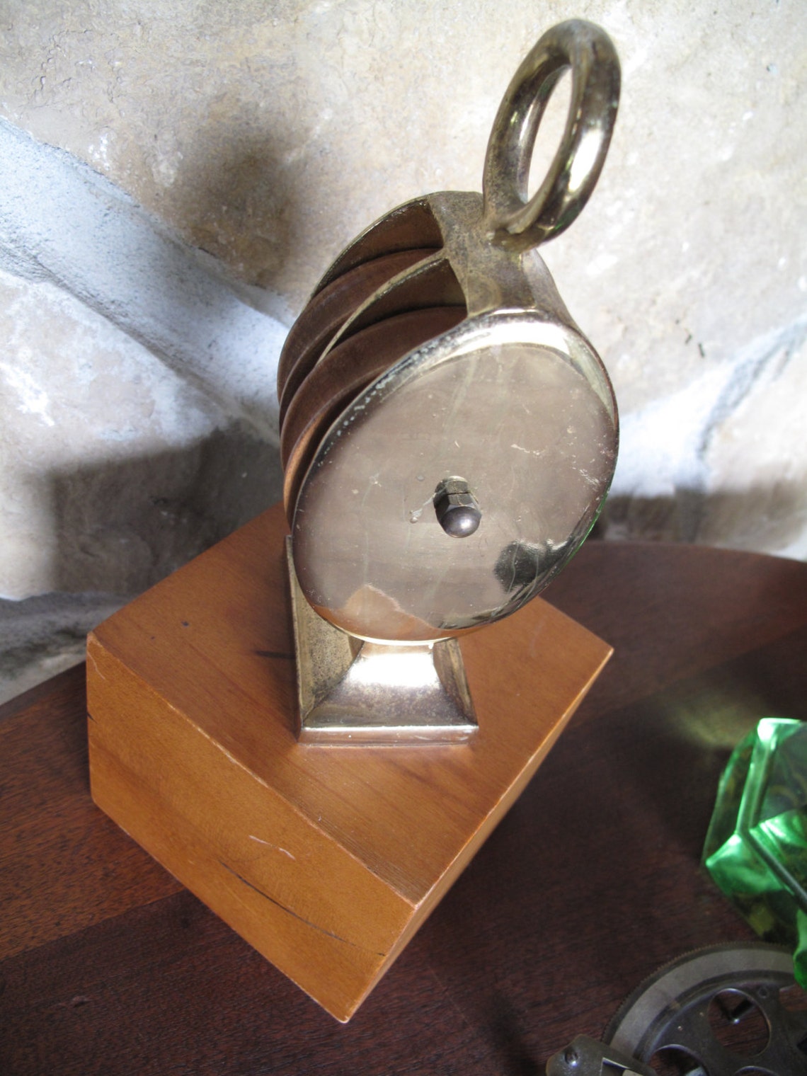 Brass and Wood Block Desk Accessory Block and Tackle Double Etsy