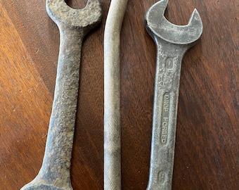 3 Antique wrenches, open end wrench, drop forged, 9 inch length, box end wrench