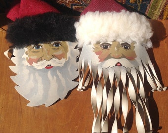 Pair Santa Ornaments, Metal, Handmade, Young, Hand Painted, Face, Artisan Signed, St Nicholas