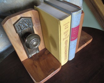 Pair Brass Door Knob Book Ends, Wooden, Handmade, Vintage, Elegant, Architectural, Library Accent, Office Decor, Den, Bedroom, Living room