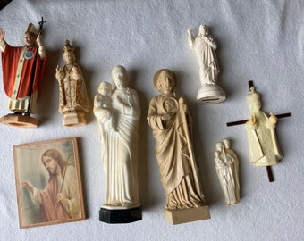 Large Lot Religious Icons Statuary, Infant Prague Figurine, Jesus car dashboard, Pope John Paul 2, Vintage lot of 8