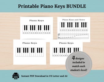 Teclas de piano imprimibles / Tabla de teclado / Póster de notas de piano / Hoja de ejercicios de teoría musical / Descarga digital