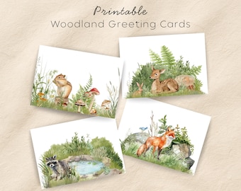 Paquete de tarjetas de felicitación con temática de bosque, juego de tarjetas de notas en blanco, artículos de papelería con animales del bosque (descarga digital)
