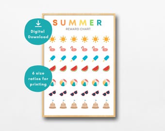 Tabla de recompensas de verano / Póster de recompensas para niños / Registro de hábitos de tareas / Imprimible sobre el comportamiento de los niños pequeños / Descarga instantánea