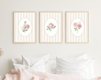 Láminas decorativas de rosas rosadas para pared / Juego de 3 láminas estilo cottagecore vintage / Coquette Floral (Descarga digital)