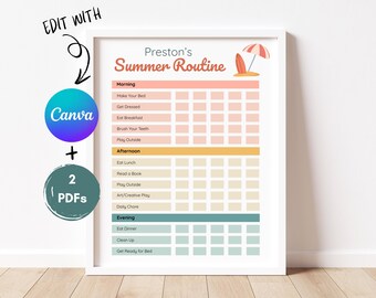 Plantilla editable de rutina de verano para niños / Planificador de horario diario / Tabla de tareas imprimible (Descarga digital)