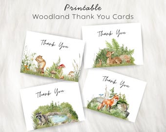 Juego de 4 tarjetas de agradecimiento imprimibles con temática de bosque / Paquete de tarjetas de animales del bosque / Descarga digital