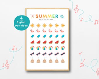 Tabla de práctica de verano imprimible / Registro de práctica musical para niños / Descarga digital