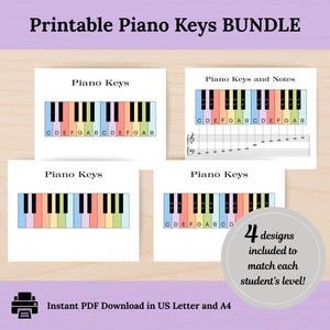 Pode incluir: Um pacote de teclas de piano imprimíveis com quatro designs distintos em papel branco. Cada design exibe teclas de piano coloridas rotuladas com as notas musicais C, D, E, F, G, A e B. Um design inclui uma pauta musical. Texto: Printable Piano Keys BUNDLE, Piano Keys, Piano Keys and Notes, 4 designs included to match each student's level! Instant PDF Download in US Letter and A4.
