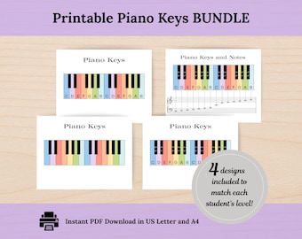 Paquete imprimible de teclas de piano / Conjunto de hojas de trabajo de piano a color / Póster de educación musical (descarga digital)