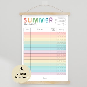 Puede incluir: Un registro de lectura de verano colorido con la palabra "SUMMER" en letras de arcoíris. El registro incluye secciones para la fecha, el título del libro, las páginas leídas y la calificación. Un icono de descarga digital es visible.