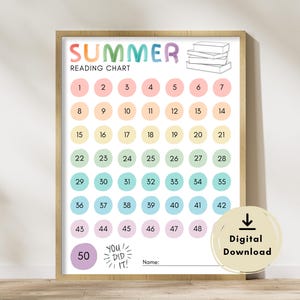 May include: A framed "Summer Reading Chart" with colorful circles numbered 1-50. The top reads "Summer Reading Chart" in rainbow colors. A digital download icon is in the bottom right corner. The chart is designed to track reading progress.