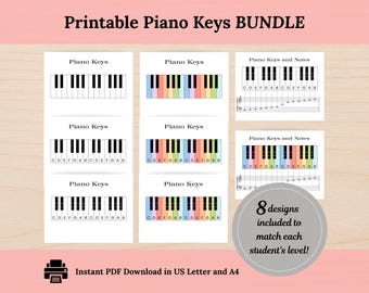 Hoja imprimible de teclas de piano / Hoja de ejercicios de teoría musical / Tabla de notas del teclado / Póster de piano (Descarga digital)
