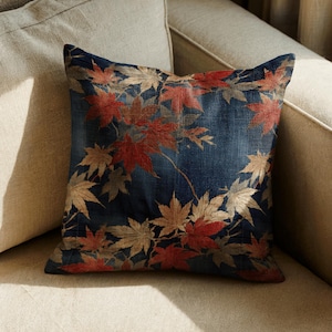 Navy Falling Leaves Double Sided Sofa Pillow  | Fall Host Gift Under 100 | Cozy Autumn Fall House Nature Lover Decor  | Reading Nook Decor