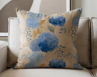 Almofada decorativa trançada com hortênsias azuis | Decoração botânica de outono | Decoração estilo casa de campo francesa