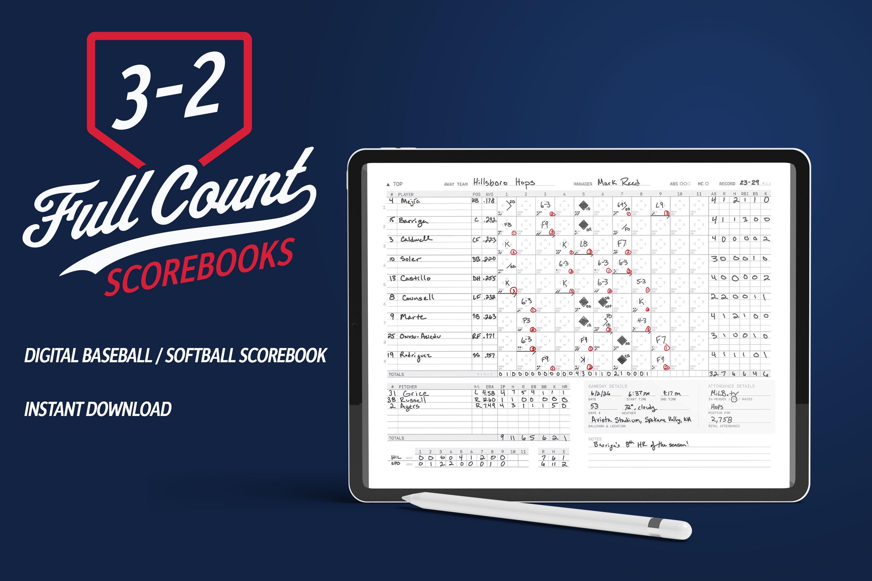 Digital Baseball/softball Scorebook PDF | Printable Scorecards | Full ...