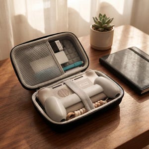 May include: An open black zippered case with a white handheld gaming device inside. The case also contains a mesh pocket with accessories, including a white charger and a blue pen. A small succulent in a pot and a black notebook are on the wooden surface.