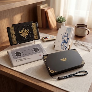 May include: A collection of Nintendo gaming consoles and accessories. Includes a Super Nintendo Super Famicom, a black Nintendo DS Lite with gold accents, and a white case with a blue anime character. A coffee mug and glasses are also present.