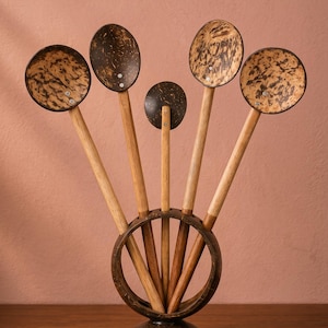Può includere: Un set di cucchiai da cucina in legno con un supporto in guscio di cocco. I cucchiai hanno manici marrone chiaro e teste a cucchiaio decorate marrone scuro. Il supporto è realizzato in guscio di cocco e legno, con un design rotondo.