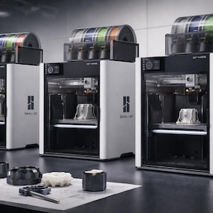 May include: Three white and black 3D printers with clear filament spools on top. The printers have the "Bambu Lab" logo and are on a dark surface. Various 3D-printed objects and tools are in the foreground.