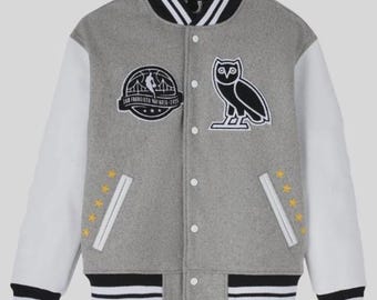 OVO Owl Varsity Jacket | Grey & White Letterman Basketball Coat