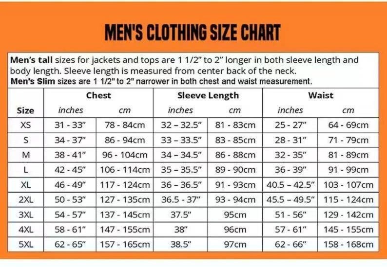 May include: A clothing size chart with an orange header titled MEN'S CLOTHING SIZE CHART. It provides measurements in inches and centimeters for chest, sleeve length, and waist across sizes XS to 5XL, including notes on tall and slim fit variations.