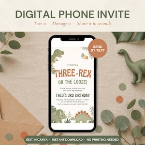 Puede incluir: Una invitación digital para teléfono para un tercer cumpleaños con ilustraciones de dinosaurios y el texto "THERE'S A THREE-REX ON THE LOOSE!". La invitación incluye los detalles del evento para el cumpleaños de Theo el 10 de abril de 2027.