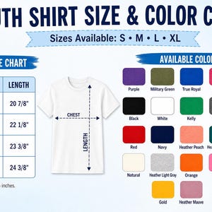May include: A youth shirt size and color chart featuring a white t-shirt illustration with chest and length measurement lines. A table lists sizes S, M, L, and XL with measurements in inches. A grid displays 25 available color swatches with labels.