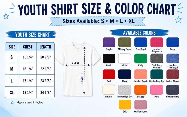 May include: A youth shirt size and color chart featuring a white t-shirt illustration with chest and length measurement lines. A table lists sizes S, M, L, and XL with measurements in inches. A grid displays 25 available color swatches with labels.