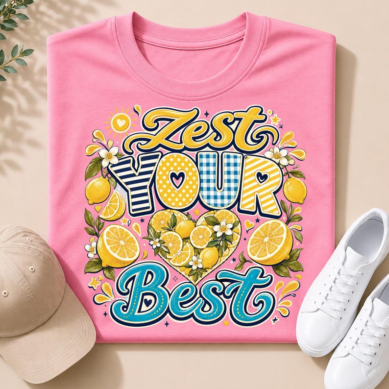 May include: A pink t-shirt featuring a graphic design with the text ZEST YOUR BEST in yellow, blue, and white. The design includes illustrations of yellow lemons, green leaves, and white flowers arranged in a heart shape with patterns.