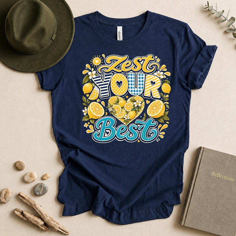May include: A navy blue t-shirt featuring a graphic design with the text ZEST YOUR BEST in yellow, white, and blue. The design includes illustrations of yellow lemons, white flowers, and heart shapes with various patterns like stripes, polka dots, and gingham.