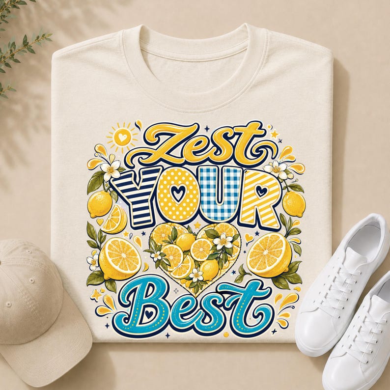 May include: A cream-colored t-shirt featuring a graphic design with the text ZEST YOUR BEST in blue and yellow. The illustration includes yellow lemons, green leaves, white flowers, and a heart-shaped pattern filled with lemon slices and blossoms.