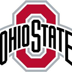 May include: The Ohio State University logo featuring a large red block letter O with a white and grey border. The word OHIO is written in black capital letters on the left side of the O, and the word STATE is written in black on the right side.