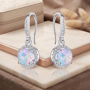 Sterling Silver Round Opal Drop Earrings, Hypoallergenic Dangle, October Birthstone
