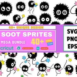 Puede incluir: Una colección de ilustraciones de Soot Sprites negros con grandes ojos blancos, algunos sosteniendo objetos en forma de estrella de colores. La imagen incluye el texto "SOOT SPRITES MEGA BUNDLE" y "40+ UNIQUE DESIGN". También incluye el texto "SVG PNG EPS".