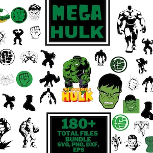 Puede incluir: Un conjunto de gráficos digitales con temática de Hulk. Incluye varias ilustraciones de Hulk en diferentes poses, puños de Hulk y el texto "MEGA HULK" y "The Incredible Hulk". El paquete contiene más de 180 archivos en varios formatos.