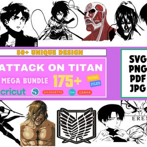 Può includere: Un pacchetto di arte digitale con personaggi e simboli della serie anime "Attack on Titan". L'immagine include varie illustrazioni di personaggi, il testo "Attack on Titan Mega Bundle" e indicatori di tipo di file come SVG, PNG, PDF e JPG. Il pacchetto contiene oltre 175 file.