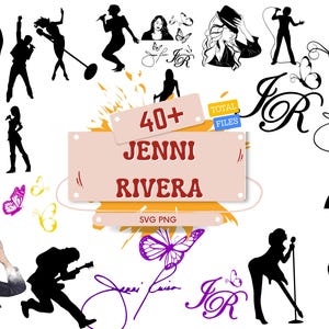 May include: A digital collection of Jenni Rivera graphics featuring black silhouettes of a singer performing, playing guitar, and posing. Includes butterfly illustrations, the text 40+ TOTAL FILES JENNI RIVERA SVG PNG, and stylized JR logos in black and purple.