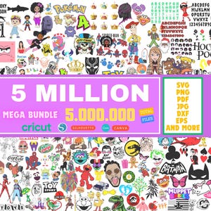 May include: A collection of various digital design elements, including characters from popular movies and cartoons, along with the text "5 MILLION MEGA BUNDLE" and file type options like SVG, PNG, and PDF. The image is a compilation of digital art.