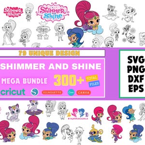 Op de afbeelding: Een digitale designbundel met Shimmer and Shine-personages. De afbeelding bevat kleurrijke illustraties en lijntekeningen, met tekst die 79 unieke ontwerpen en meer dan 300 bestanden aangeeft. Formaten: SVG, PNG, DXF en EPS.