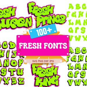 Puede incluir: Diseño gráfico con fuentes verde neón y negro, incluyendo "Fresh Queen", "Fresh Prince" y "Fresh King". Un letrero rosa muestra "Fresh Fonts" con "100+" encima. La imagen también presenta múltiples conjuntos de alfabetos.