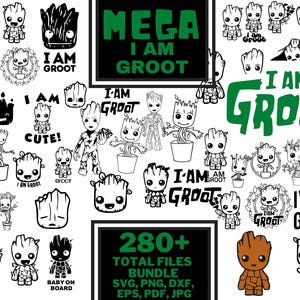 Może przedstawiać: Kolekcja plików cyfrowych z motywem Groota. Obraz zawiera wiele ilustracji Groota, w tym wersje liniowe i kolorowe, z tekstem "MEGA I AM GROOT" i "280+ TOTAL FILES BUNDLE".