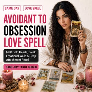 Puede incluir: Anuncio de un servicio de hechizos de amor. La imagen presenta el texto "Avoidant to Obsession Love Spell" y detalles sobre el servicio. Una mujer sostiene una carta del tarot, con otras cartas y velas.
