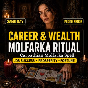May include: Image of a woman with tarot cards, with text reading "CAREER & WEALTH MOLFARKA RITUAL." Additional text includes "Carpathian Molfarka Spell" and keywords "JOB SUCCESS • PROSPERITY • FORTUNE."