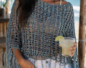 Sequin Crochet Poncho, Handmade summery party top, Poncho with Fringe, Crochet elegant Poncho, Women's party top, Handmade, Mother's Day